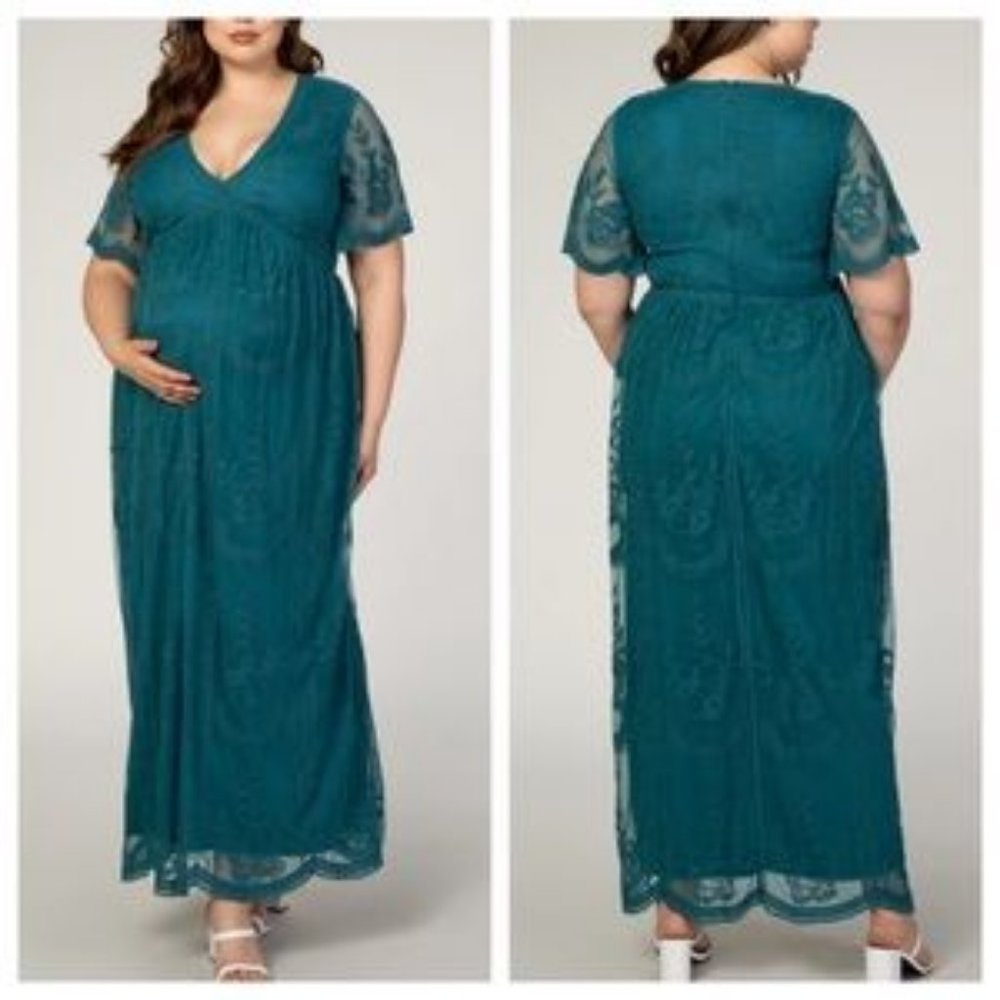 PinkBlush Teal Lace Mesh Overlay Maternity Maxi Dress sz MEDUIM